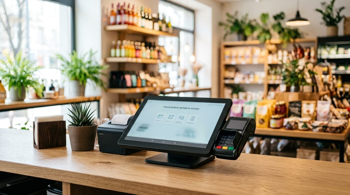 Komputer POS z ekranem dotykowym na ladzie sklepowej