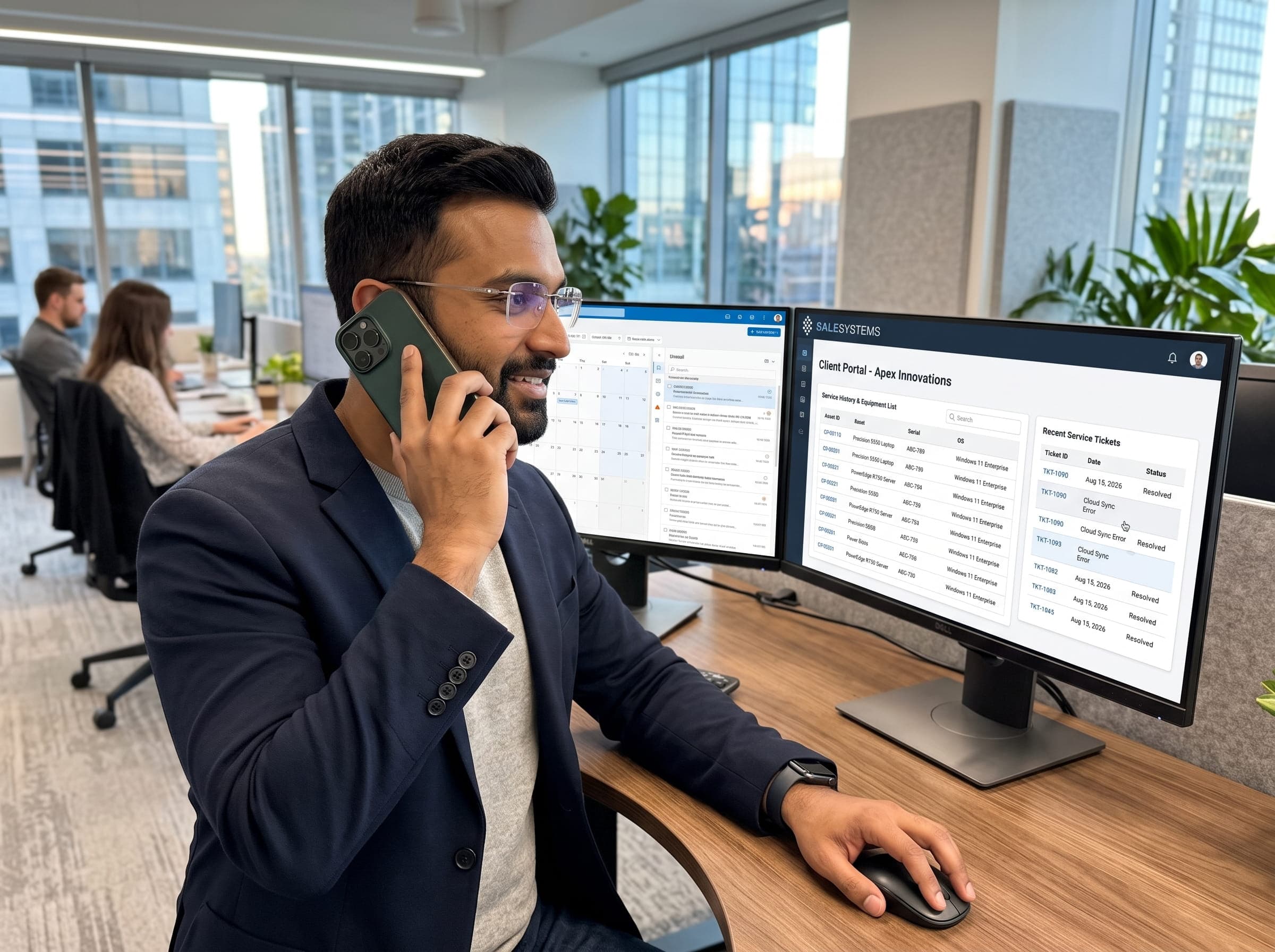 Opiekun techniczny SaleSystems rozmawiający przez telefon przy komputerze z historią zgłoszeń klienta