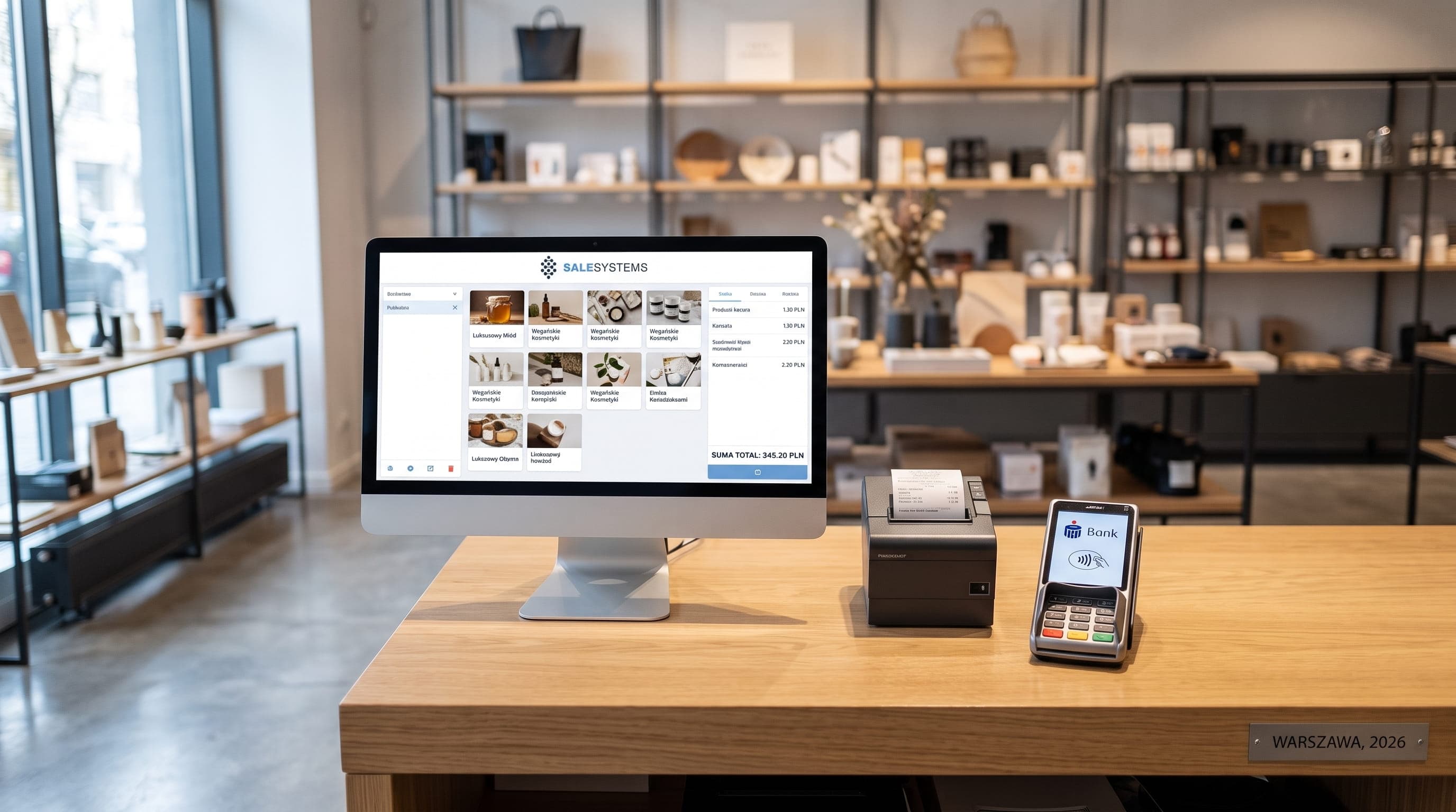 Komputer POS z oprogramowaniem SaleSystems na ladzie sklepu